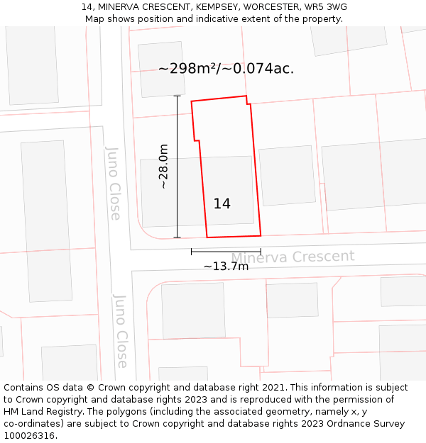14, MINERVA CRESCENT, KEMPSEY, WORCESTER, WR5 3WG: Plot and title map
