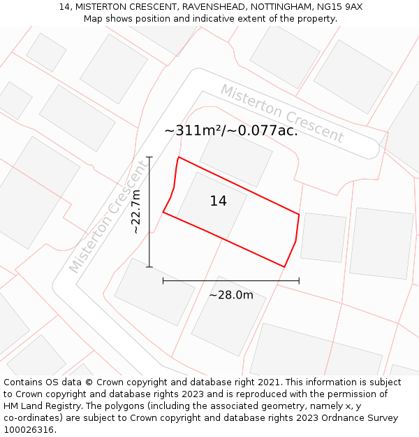 14, MISTERTON CRESCENT, RAVENSHEAD, NOTTINGHAM, NG15 9AX: Plot and title map