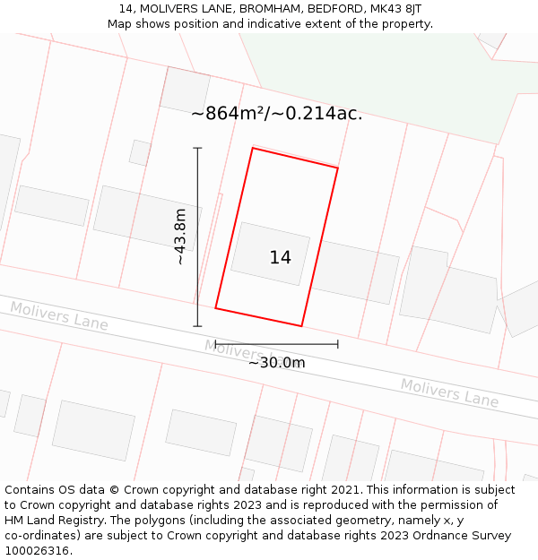 14, MOLIVERS LANE, BROMHAM, BEDFORD, MK43 8JT: Plot and title map