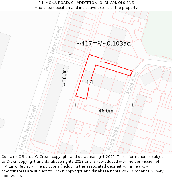 14, MONA ROAD, CHADDERTON, OLDHAM, OL9 8NS: Plot and title map