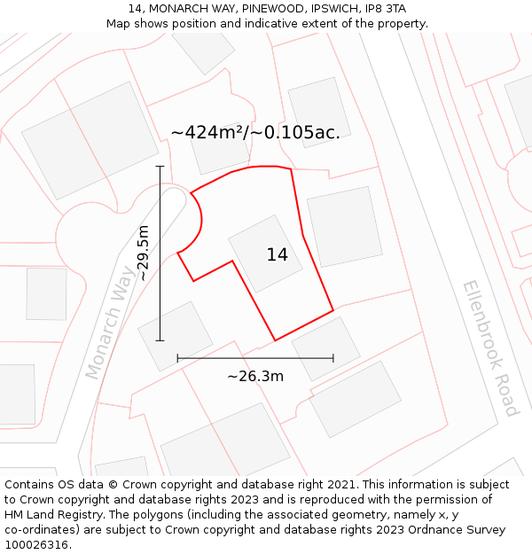 14, MONARCH WAY, PINEWOOD, IPSWICH, IP8 3TA: Plot and title map