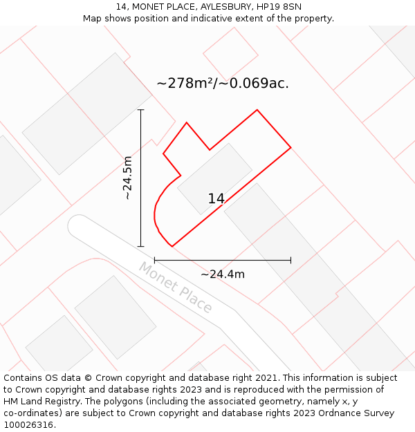 14, MONET PLACE, AYLESBURY, HP19 8SN: Plot and title map