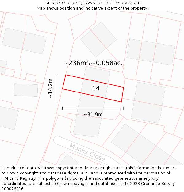 14, MONKS CLOSE, CAWSTON, RUGBY, CV22 7FP: Plot and title map