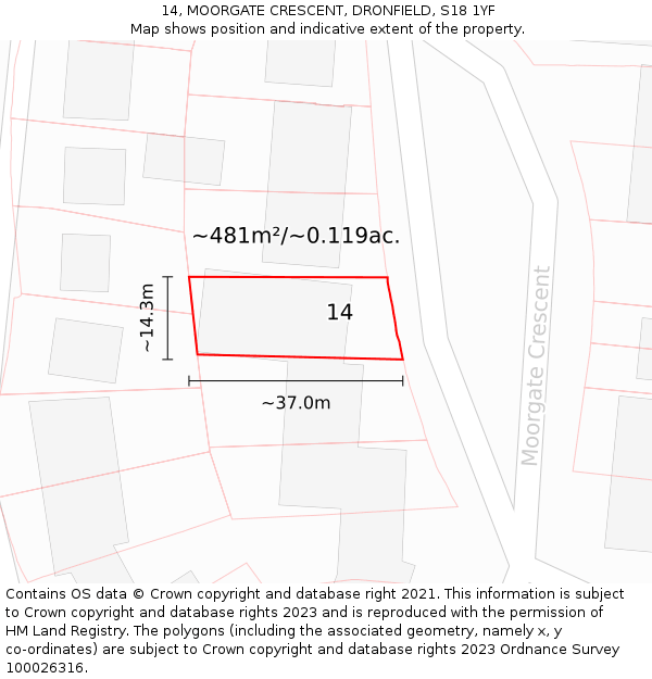 14, MOORGATE CRESCENT, DRONFIELD, S18 1YF: Plot and title map