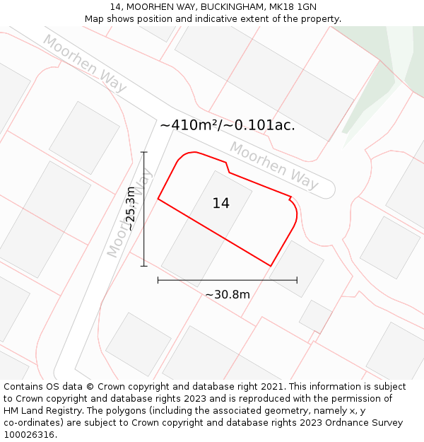 14, MOORHEN WAY, BUCKINGHAM, MK18 1GN: Plot and title map