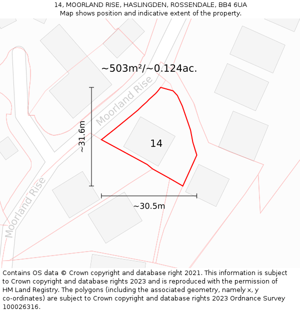 14, MOORLAND RISE, HASLINGDEN, ROSSENDALE, BB4 6UA: Plot and title map