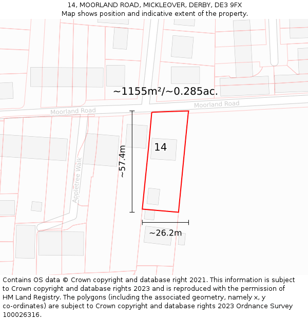 14, MOORLAND ROAD, MICKLEOVER, DERBY, DE3 9FX: Plot and title map