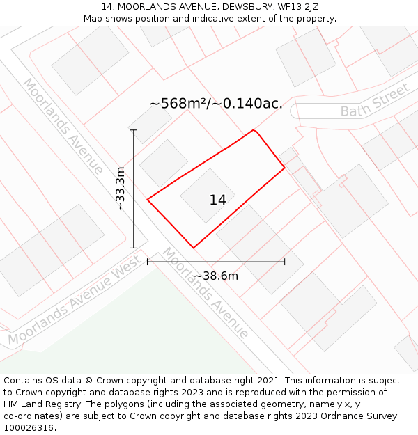 14, MOORLANDS AVENUE, DEWSBURY, WF13 2JZ: Plot and title map