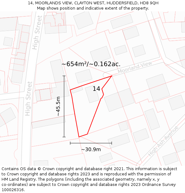 14, MOORLANDS VIEW, CLAYTON WEST, HUDDERSFIELD, HD8 9QH: Plot and title map