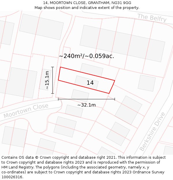 14, MOORTOWN CLOSE, GRANTHAM, NG31 9GG: Plot and title map