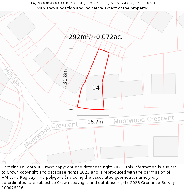 14, MOORWOOD CRESCENT, HARTSHILL, NUNEATON, CV10 0NR: Plot and title map