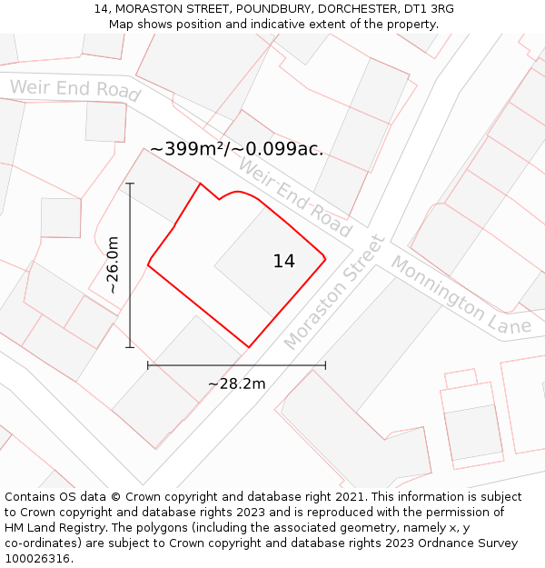 14, MORASTON STREET, POUNDBURY, DORCHESTER, DT1 3RG: Plot and title map