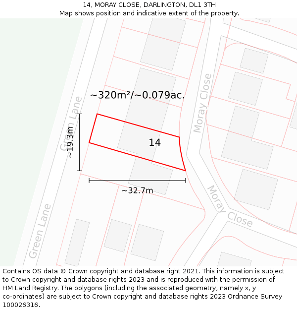 14, MORAY CLOSE, DARLINGTON, DL1 3TH: Plot and title map