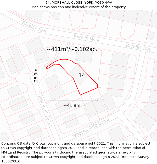 14, MOREHALL CLOSE, YORK, YO30 4WA: Plot and title map
