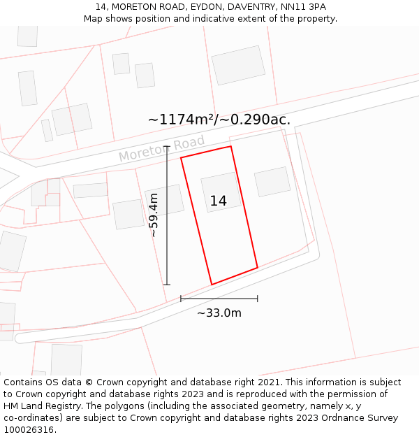 14, MORETON ROAD, EYDON, DAVENTRY, NN11 3PA: Plot and title map