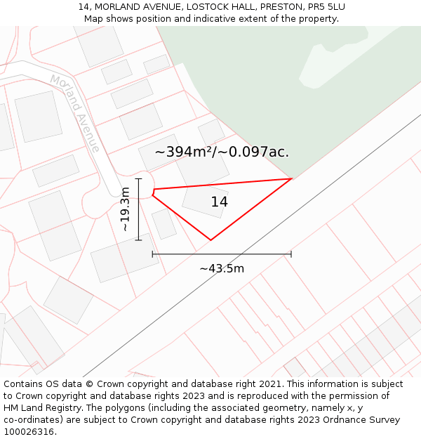 14, MORLAND AVENUE, LOSTOCK HALL, PRESTON, PR5 5LU: Plot and title map