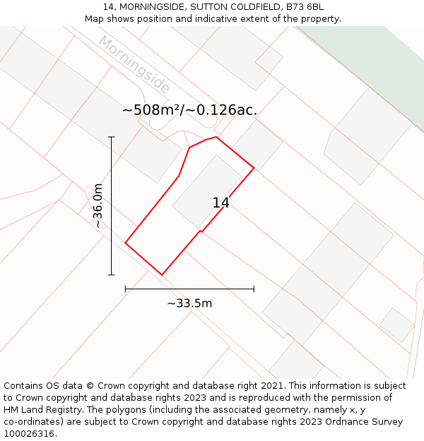 14, MORNINGSIDE, SUTTON COLDFIELD, B73 6BL: Plot and title map