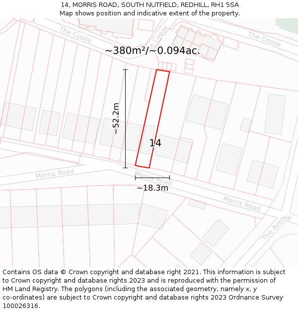14, MORRIS ROAD, SOUTH NUTFIELD, REDHILL, RH1 5SA: Plot and title map