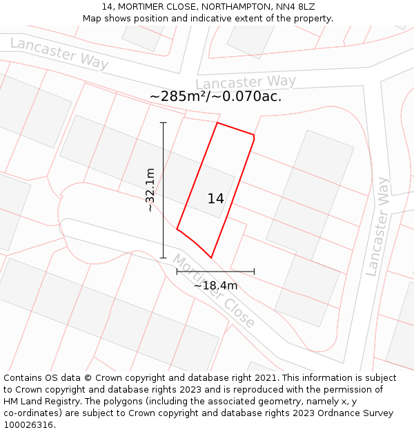 14, MORTIMER CLOSE, NORTHAMPTON, NN4 8LZ: Plot and title map