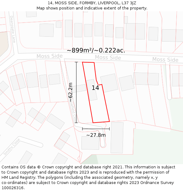 14, MOSS SIDE, FORMBY, LIVERPOOL, L37 3JZ: Plot and title map