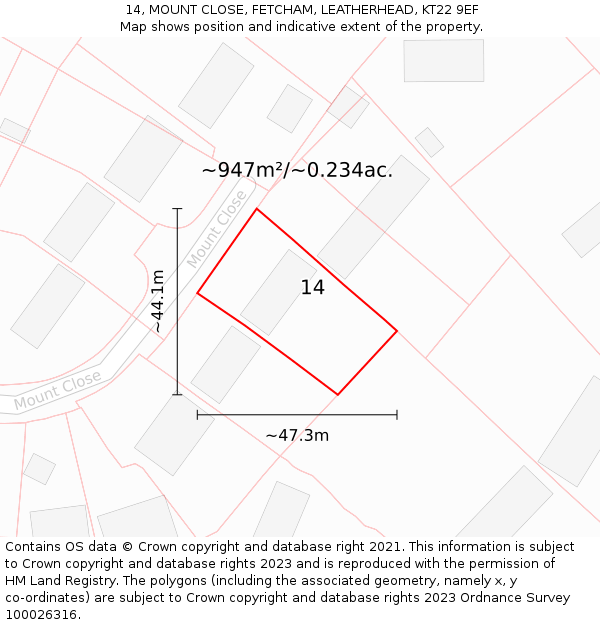 14, MOUNT CLOSE, FETCHAM, LEATHERHEAD, KT22 9EF: Plot and title map
