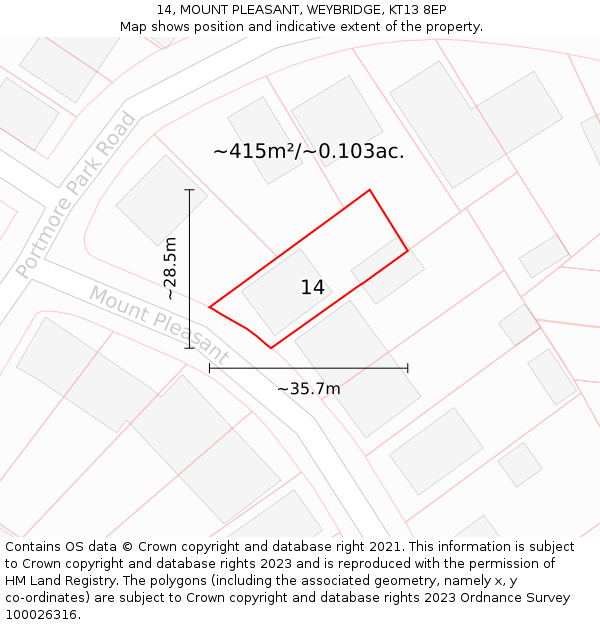 14, MOUNT PLEASANT, WEYBRIDGE, KT13 8EP: Plot and title map