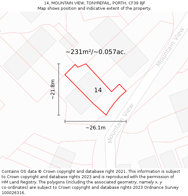14, MOUNTAIN VIEW, TONYREFAIL, PORTH, CF39 8JF: Plot and title map