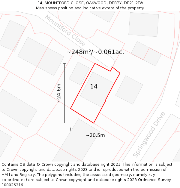 14, MOUNTFORD CLOSE, OAKWOOD, DERBY, DE21 2TW: Plot and title map