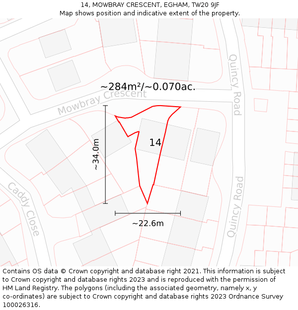 14, MOWBRAY CRESCENT, EGHAM, TW20 9JF: Plot and title map