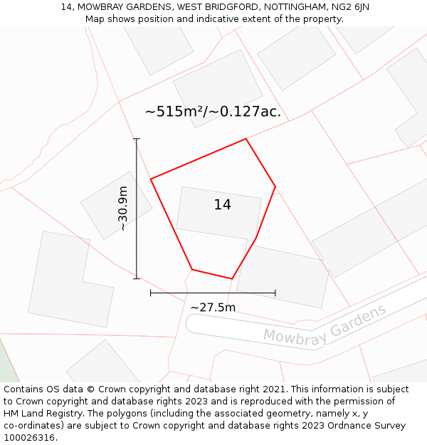 14, MOWBRAY GARDENS, WEST BRIDGFORD, NOTTINGHAM, NG2 6JN: Plot and title map