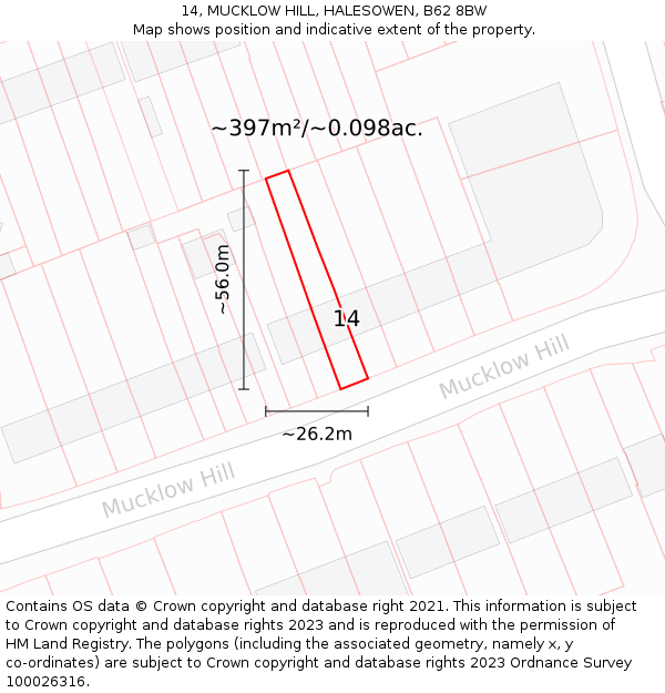 14, MUCKLOW HILL, HALESOWEN, B62 8BW: Plot and title map