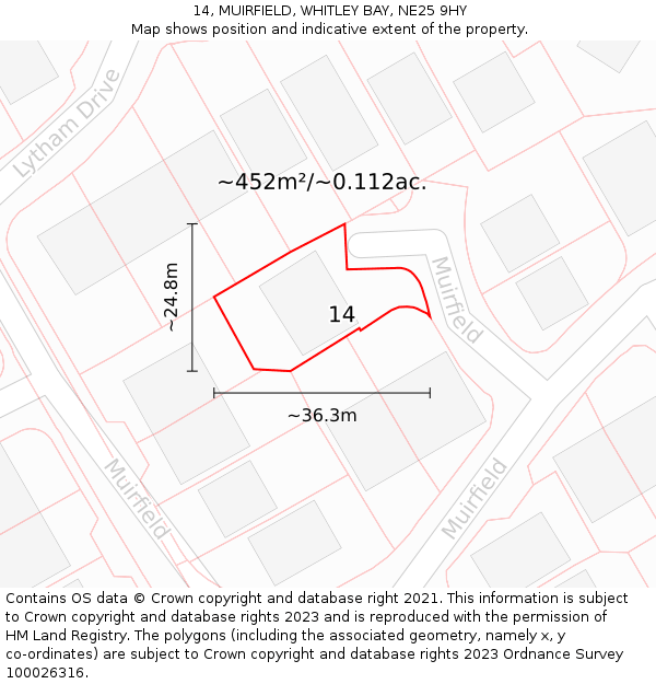 14, MUIRFIELD, WHITLEY BAY, NE25 9HY: Plot and title map