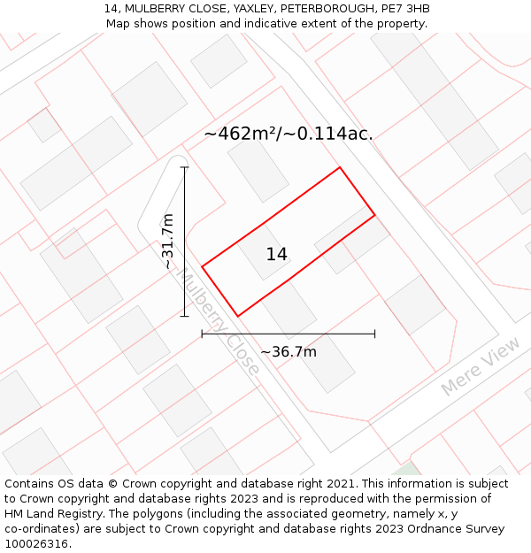 14, MULBERRY CLOSE, YAXLEY, PETERBOROUGH, PE7 3HB: Plot and title map