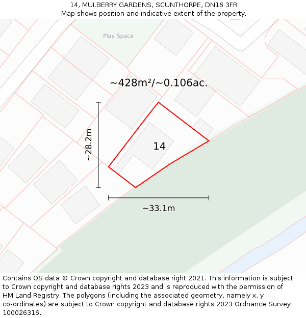 14, MULBERRY GARDENS, SCUNTHORPE, DN16 3FR: Plot and title map