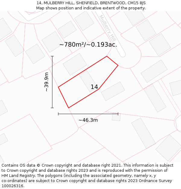14, MULBERRY HILL, SHENFIELD, BRENTWOOD, CM15 8JS: Plot and title map