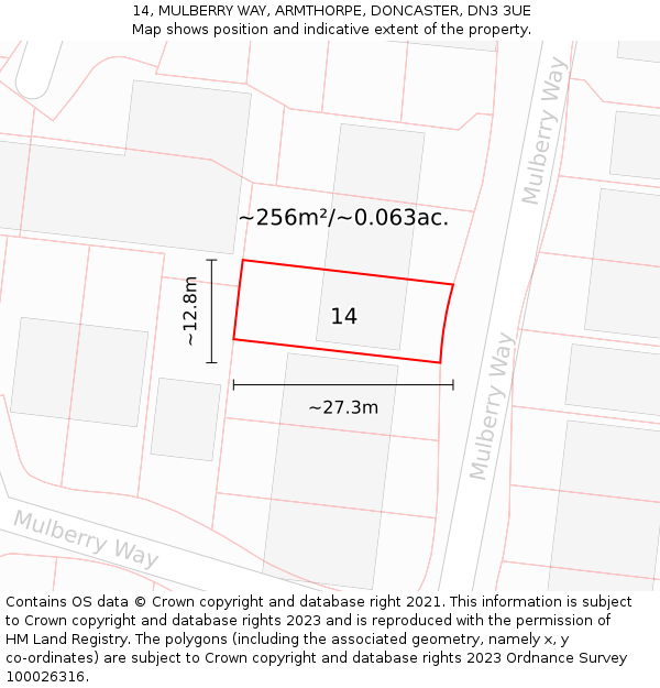 14, MULBERRY WAY, ARMTHORPE, DONCASTER, DN3 3UE: Plot and title map