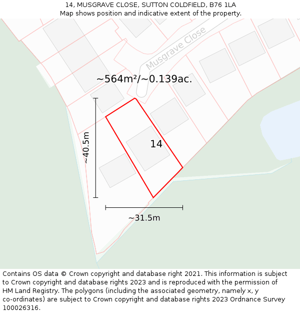 14, MUSGRAVE CLOSE, SUTTON COLDFIELD, B76 1LA: Plot and title map