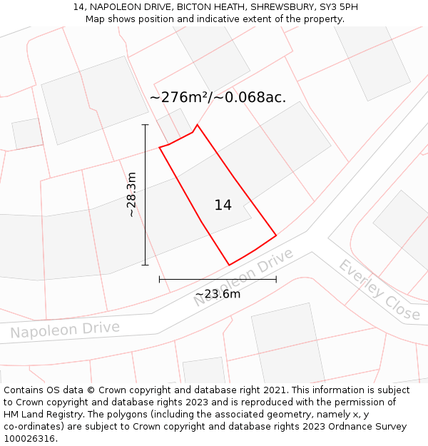 14, NAPOLEON DRIVE, BICTON HEATH, SHREWSBURY, SY3 5PH: Plot and title map