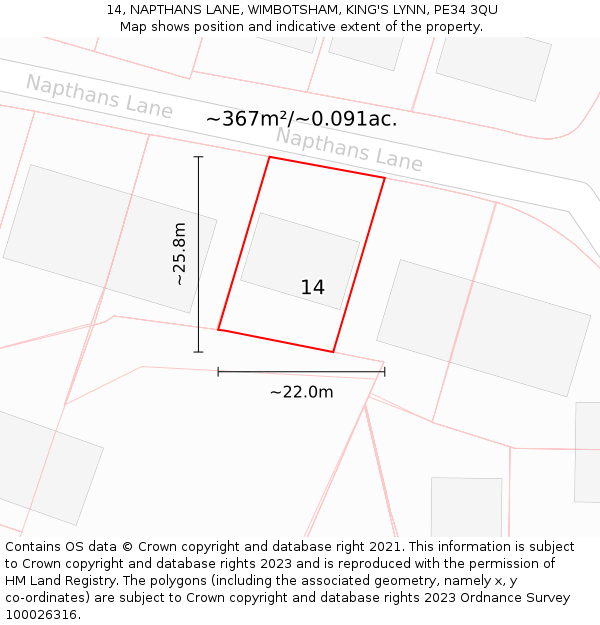 14, NAPTHANS LANE, WIMBOTSHAM, KING'S LYNN, PE34 3QU: Plot and title map