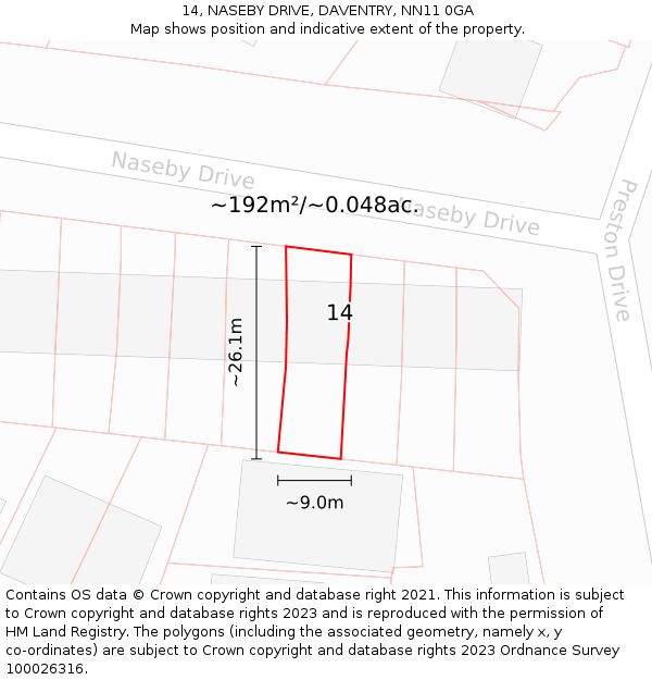 14, NASEBY DRIVE, DAVENTRY, NN11 0GA: Plot and title map