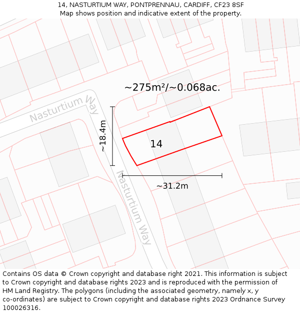 14, NASTURTIUM WAY, PONTPRENNAU, CARDIFF, CF23 8SF: Plot and title map