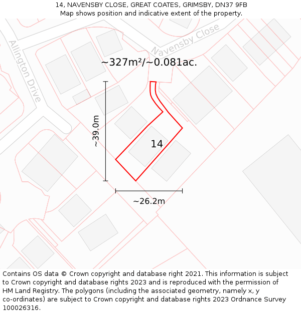 14, NAVENSBY CLOSE, GREAT COATES, GRIMSBY, DN37 9FB: Plot and title map