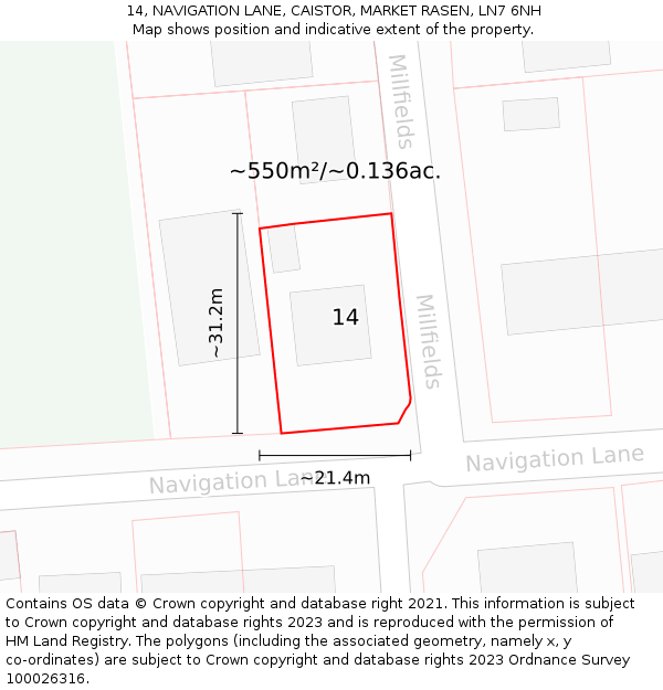 14, NAVIGATION LANE, CAISTOR, MARKET RASEN, LN7 6NH: Plot and title map