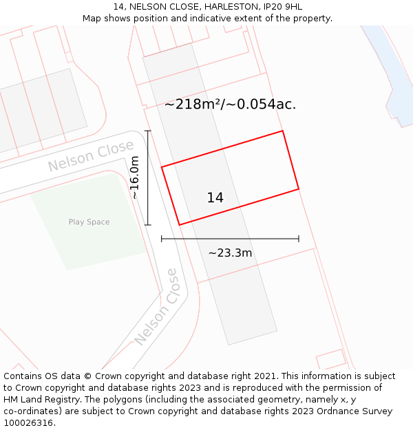 14, NELSON CLOSE, HARLESTON, IP20 9HL: Plot and title map