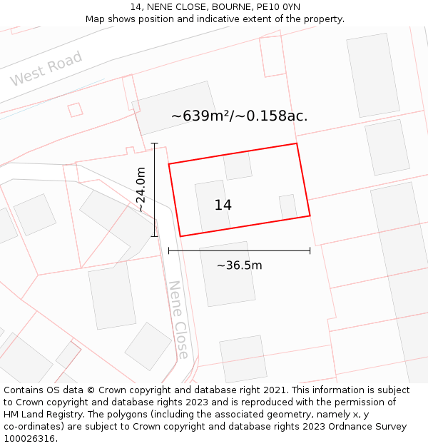 14, NENE CLOSE, BOURNE, PE10 0YN: Plot and title map