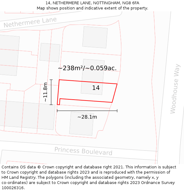 14, NETHERMERE LANE, NOTTINGHAM, NG8 6FA: Plot and title map