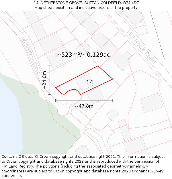 14, NETHERSTONE GROVE, SUTTON COLDFIELD, B74 4DT: Plot and title map