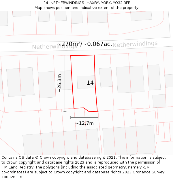 14, NETHERWINDINGS, HAXBY, YORK, YO32 3FB: Plot and title map