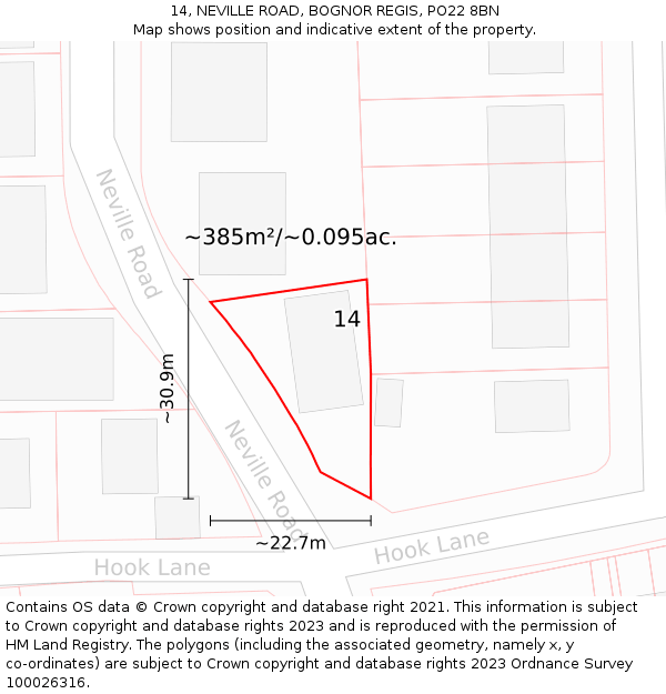 14, NEVILLE ROAD, BOGNOR REGIS, PO22 8BN: Plot and title map