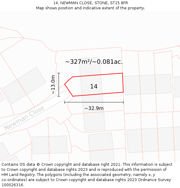 14, NEWMAN CLOSE, STONE, ST15 8FR: Plot and title map